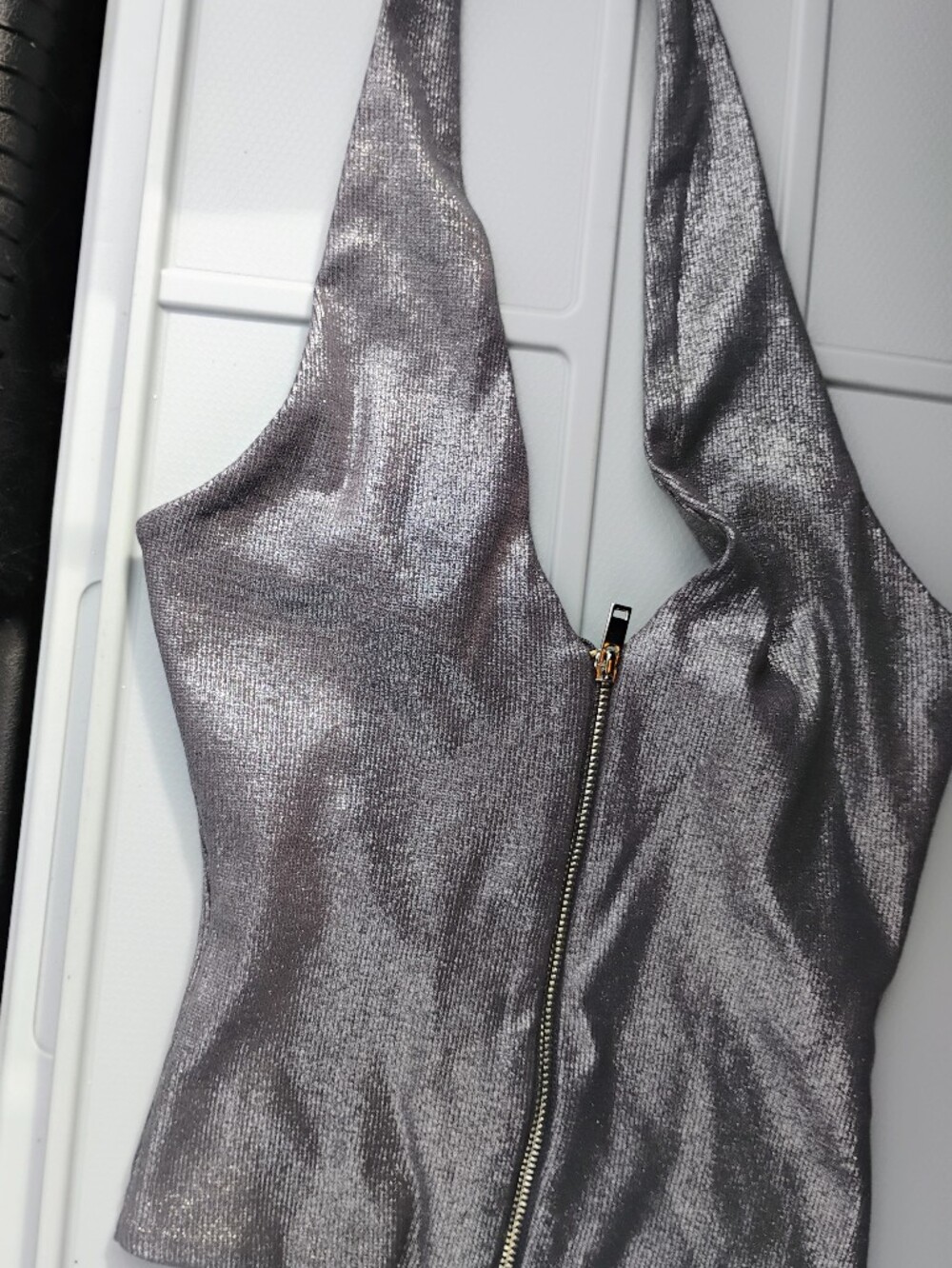 Zara Metallic Silver Halter Crop Top